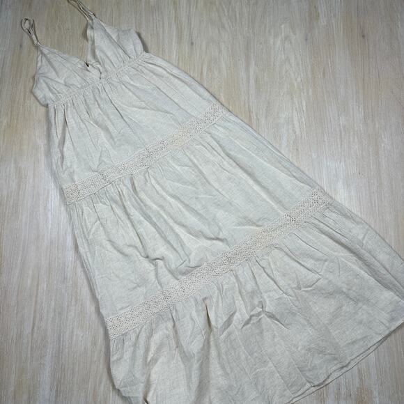 Sim & Sam Beige Linen Blend Crochet Coastal Beach Boho Tiered Midi Dress Small - Picture 12 of 14